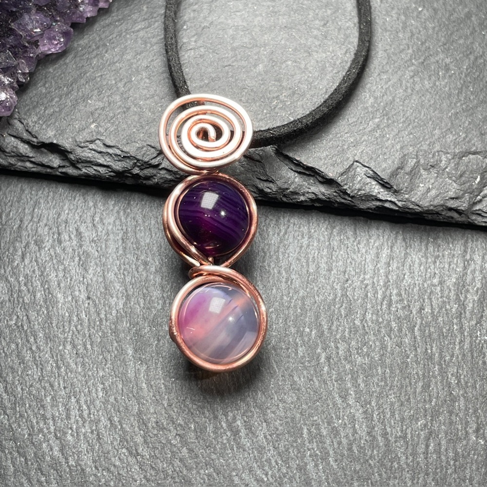 Genuine Agate Copper Wire Wrapped Pendant Leather Necklace - Picture 3 of 10